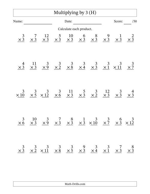 The Multiplying (1 to 12) by 3 (50 Questions) (H) Math Worksheet