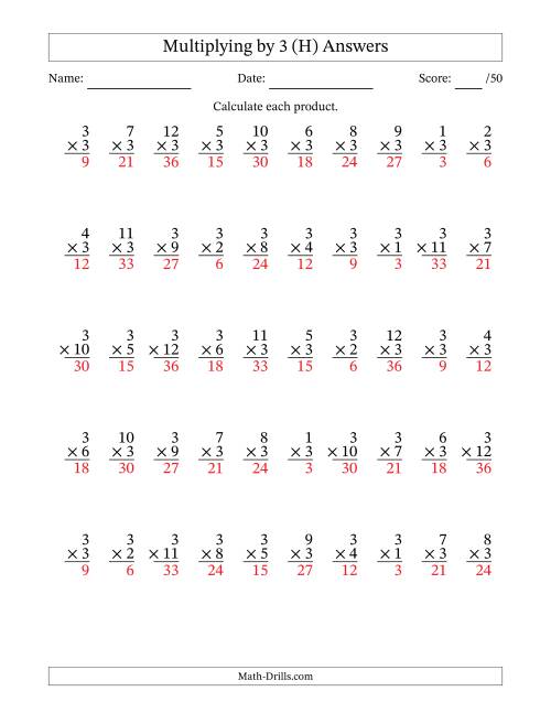 The Multiplying (1 to 12) by 3 (50 Questions) (H) Math Worksheet Page 2