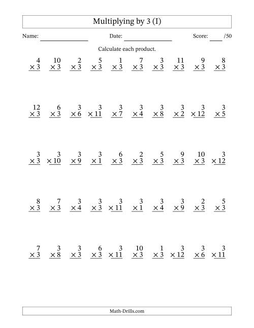 The Multiplying (1 to 12) by 3 (50 Questions) (I) Math Worksheet