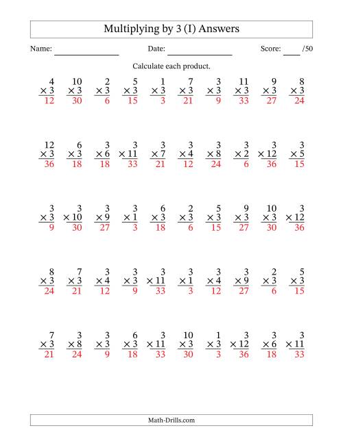 The Multiplying (1 to 12) by 3 (50 Questions) (I) Math Worksheet Page 2