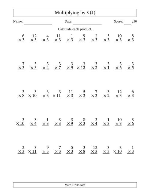 The Multiplying (1 to 12) by 3 (50 Questions) (J) Math Worksheet