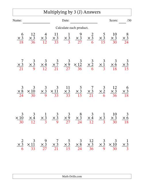 The Multiplying (1 to 12) by 3 (50 Questions) (J) Math Worksheet Page 2