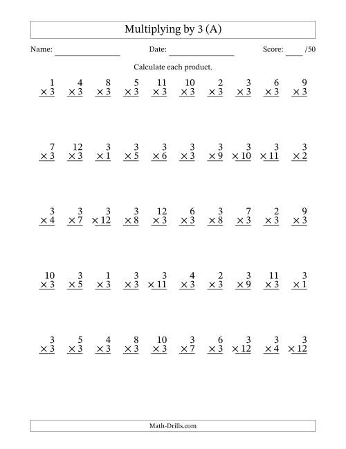 The Multiplying (1 to 12) by 3 (50 Questions) (All) Math Worksheet
