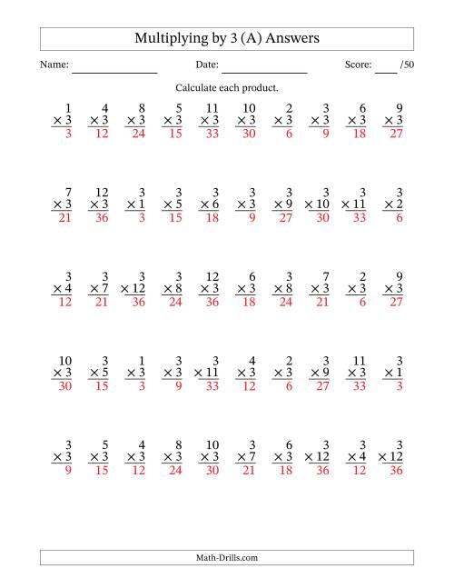 The Multiplying (1 to 12) by 3 (50 Questions) (All) Math Worksheet Page 2