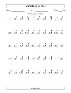 Multiplying (1 to 12) by 4 (50 Questions)