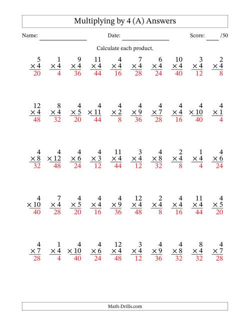 The Multiplying (1 to 12) by 4 (50 Questions) (A) Math Worksheet Page 2
