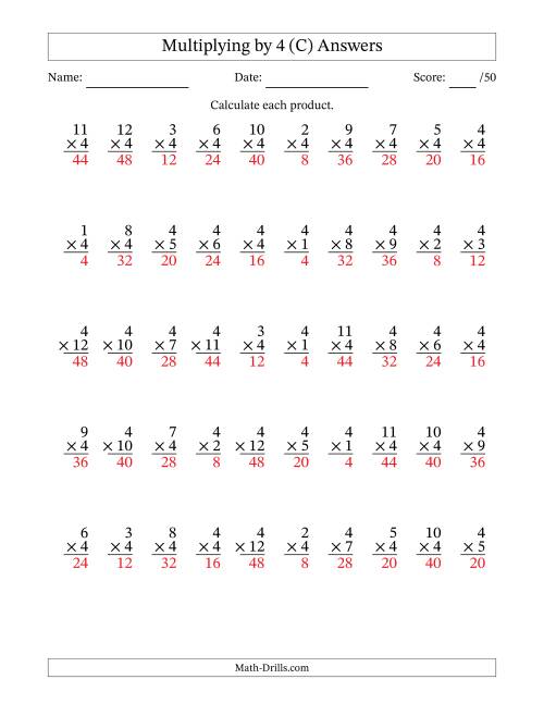The Multiplying (1 to 12) by 4 (50 Questions) (C) Math Worksheet Page 2