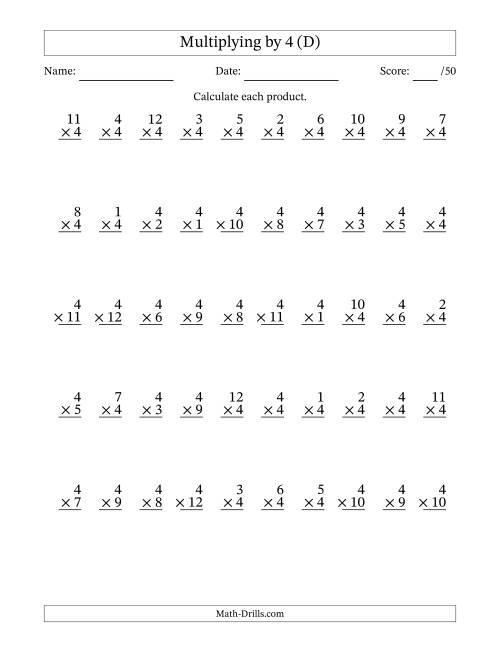 The Multiplying (1 to 12) by 4 (50 Questions) (D) Math Worksheet