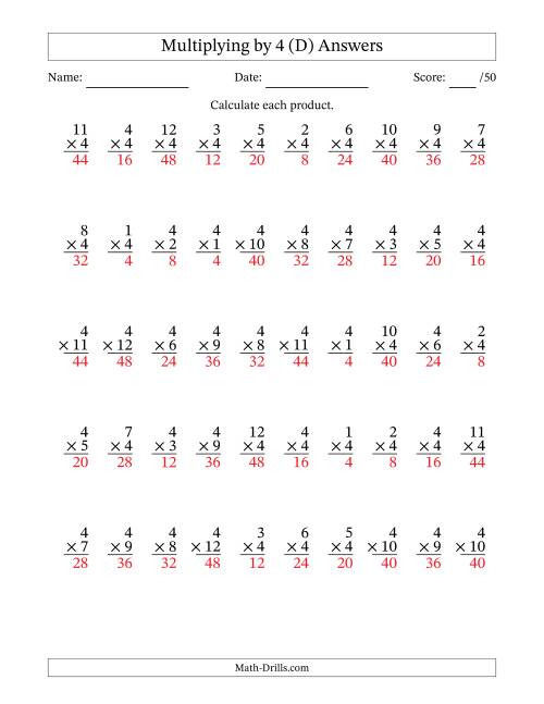 The Multiplying (1 to 12) by 4 (50 Questions) (D) Math Worksheet Page 2