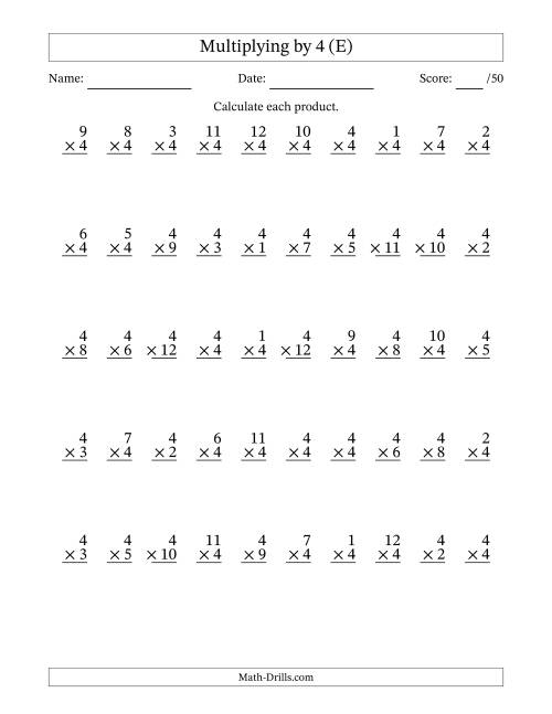 The Multiplying (1 to 12) by 4 (50 Questions) (E) Math Worksheet
