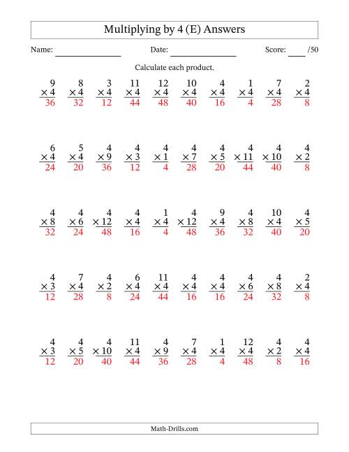The Multiplying (1 to 12) by 4 (50 Questions) (E) Math Worksheet Page 2