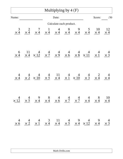 The Multiplying (1 to 12) by 4 (50 Questions) (F) Math Worksheet