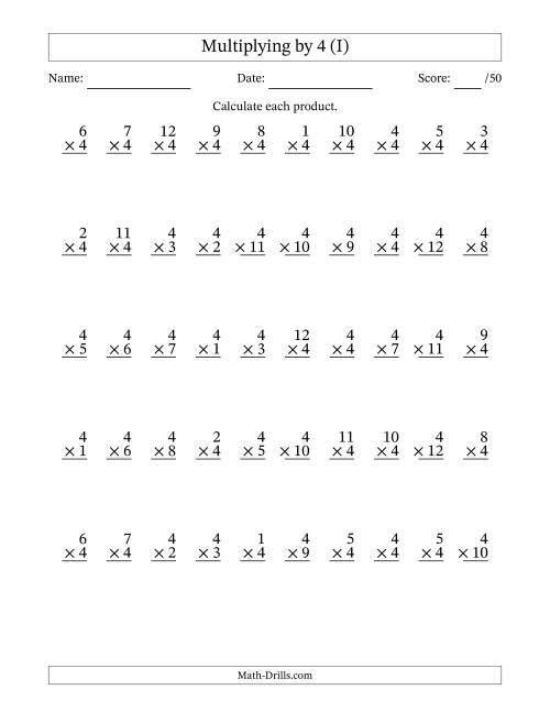 The Multiplying (1 to 12) by 4 (50 Questions) (I) Math Worksheet
