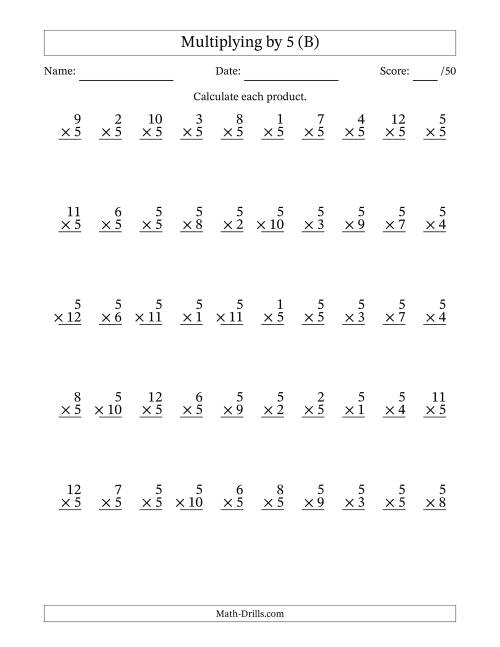 The Multiplying (1 to 12) by 5 (50 Questions) (B) Math Worksheet