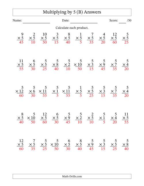 The Multiplying (1 to 12) by 5 (50 Questions) (B) Math Worksheet Page 2