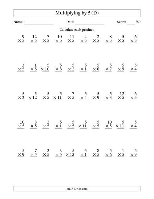 The Multiplying (1 to 12) by 5 (50 Questions) (D) Math Worksheet