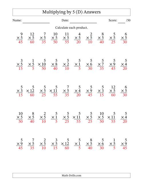 The Multiplying (1 to 12) by 5 (50 Questions) (D) Math Worksheet Page 2