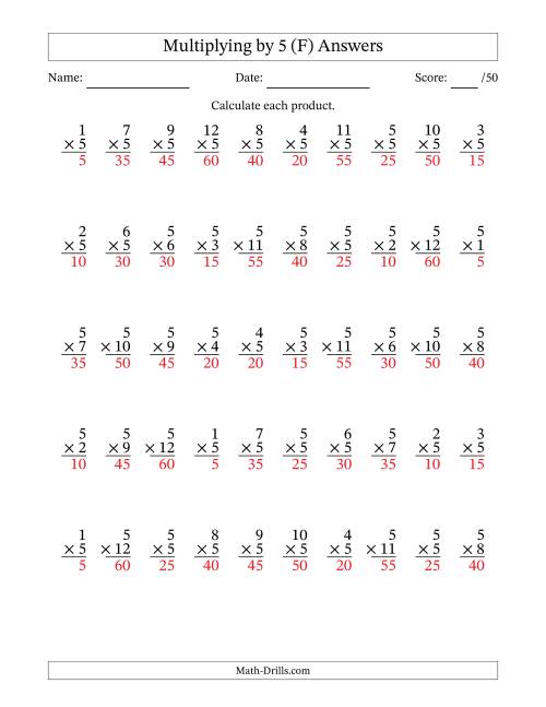 The Multiplying (1 to 12) by 5 (50 Questions) (F) Math Worksheet Page 2