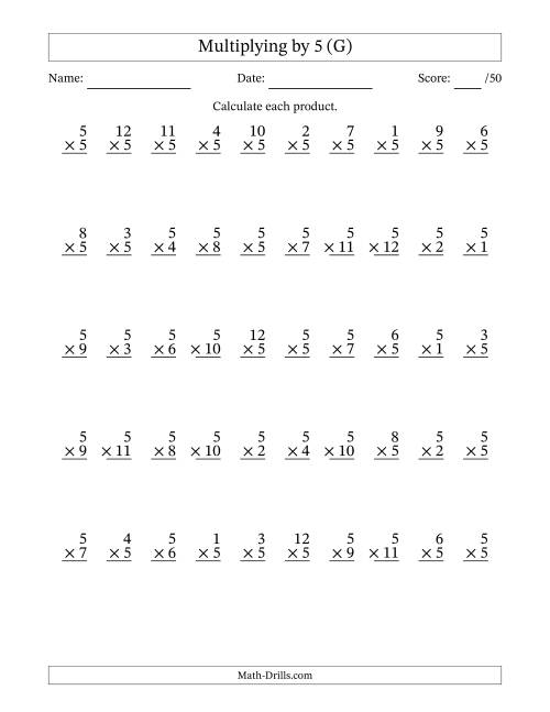 The Multiplying (1 to 12) by 5 (50 Questions) (G) Math Worksheet