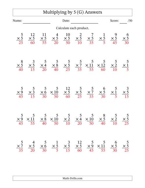 The Multiplying (1 to 12) by 5 (50 Questions) (G) Math Worksheet Page 2