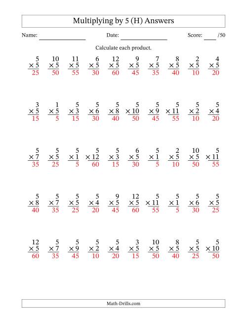The Multiplying (1 to 12) by 5 (50 Questions) (H) Math Worksheet Page 2