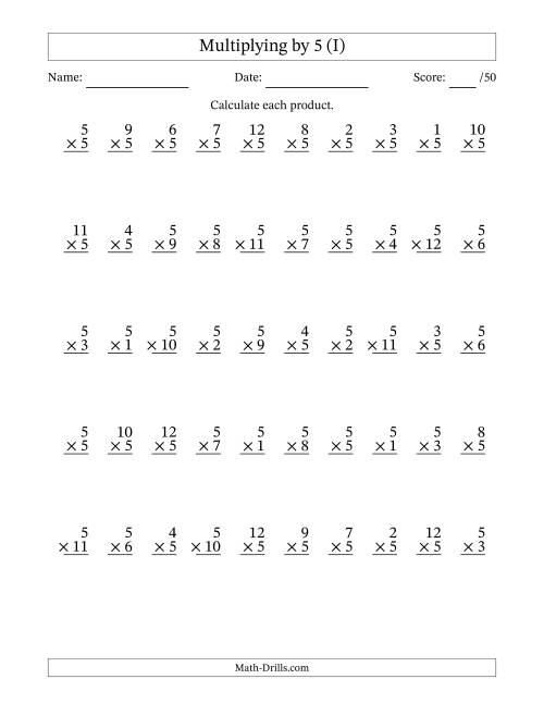 The Multiplying (1 to 12) by 5 (50 Questions) (I) Math Worksheet