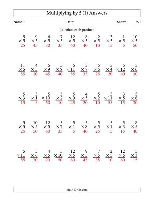 The Multiplying (1 to 12) by 5 (50 Questions) (I) Math Worksheet Page 2