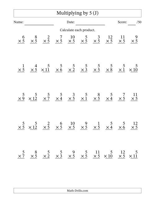 The Multiplying (1 to 12) by 5 (50 Questions) (J) Math Worksheet