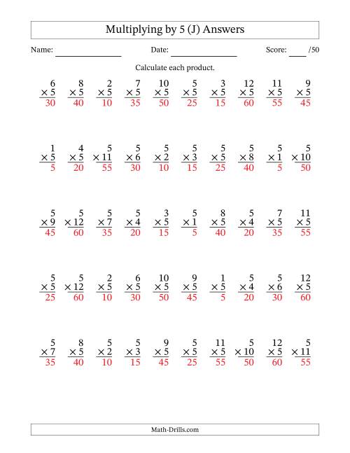 The Multiplying (1 to 12) by 5 (50 Questions) (J) Math Worksheet Page 2