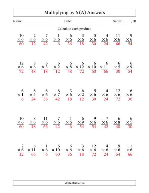 The Multiplying (1 to 12) by 6 (50 Questions) (A) Math Worksheet Page 2