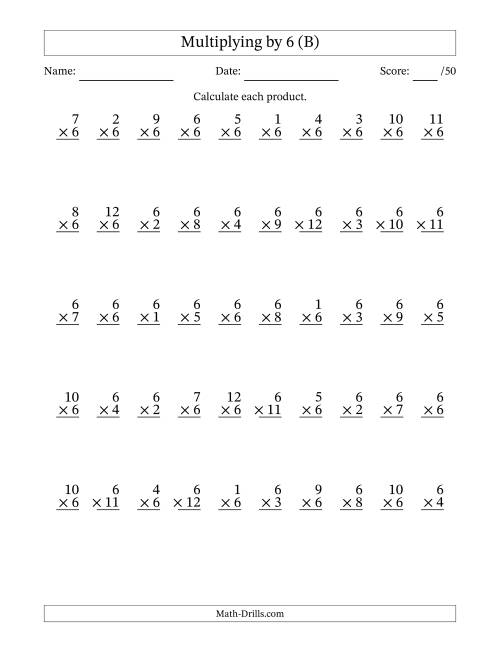 The Multiplying (1 to 12) by 6 (50 Questions) (B) Math Worksheet