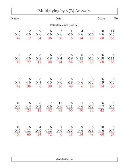 The Multiplying (1 to 12) by 6 (50 Questions) (B) Math Worksheet Page 2