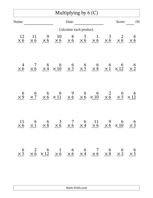 The Multiplying (1 to 12) by 6 (50 Questions) (C) Math Worksheet