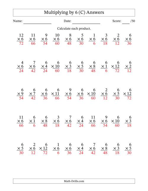 The Multiplying (1 to 12) by 6 (50 Questions) (C) Math Worksheet Page 2