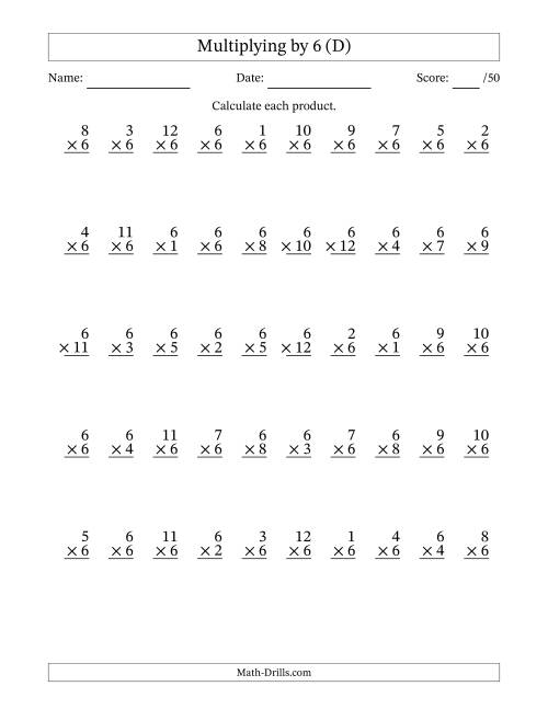 The Multiplying (1 to 12) by 6 (50 Questions) (D) Math Worksheet