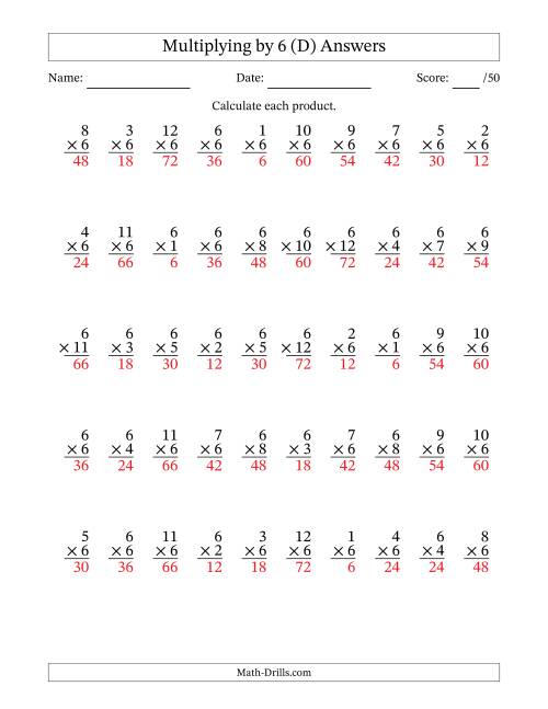 The Multiplying (1 to 12) by 6 (50 Questions) (D) Math Worksheet Page 2
