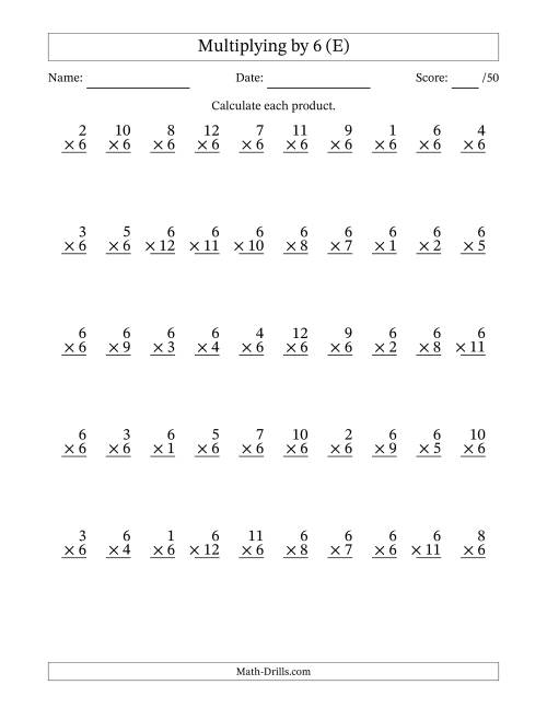 The Multiplying (1 to 12) by 6 (50 Questions) (E) Math Worksheet