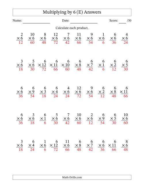 The Multiplying (1 to 12) by 6 (50 Questions) (E) Math Worksheet Page 2