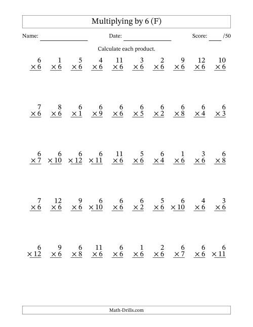 The Multiplying (1 to 12) by 6 (50 Questions) (F) Math Worksheet