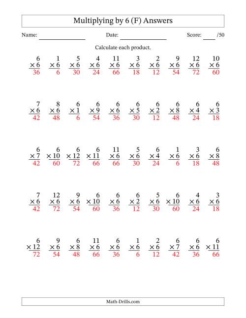 The Multiplying (1 to 12) by 6 (50 Questions) (F) Math Worksheet Page 2