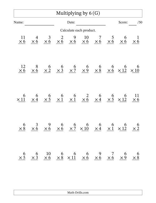 The Multiplying (1 to 12) by 6 (50 Questions) (G) Math Worksheet