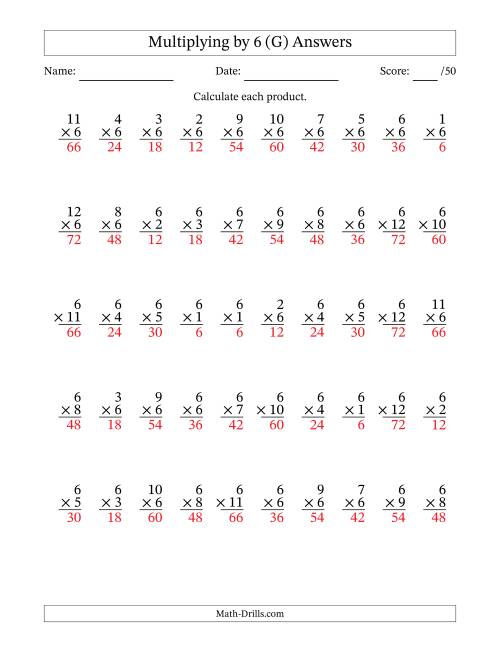 The Multiplying (1 to 12) by 6 (50 Questions) (G) Math Worksheet Page 2