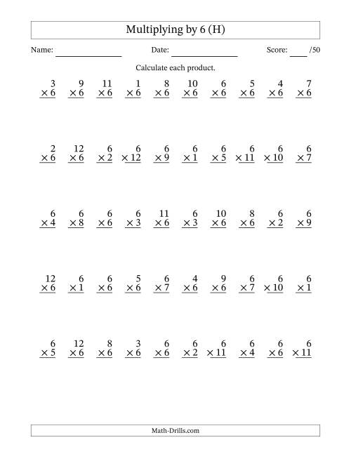 The Multiplying (1 to 12) by 6 (50 Questions) (H) Math Worksheet