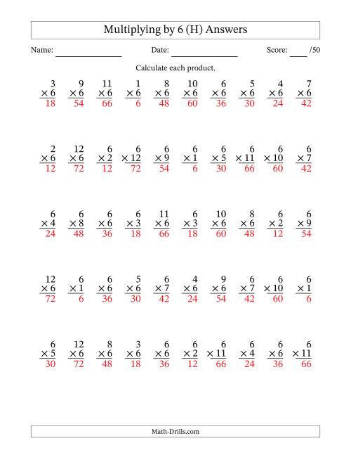 The Multiplying (1 to 12) by 6 (50 Questions) (H) Math Worksheet Page 2