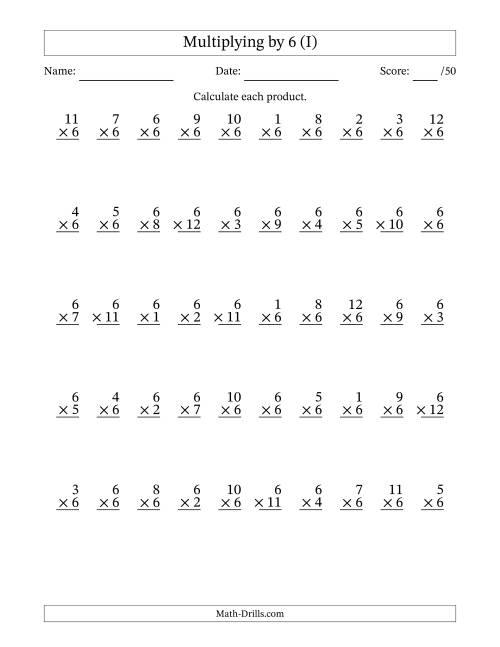 The Multiplying (1 to 12) by 6 (50 Questions) (I) Math Worksheet