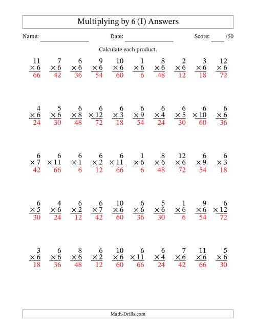 The Multiplying (1 to 12) by 6 (50 Questions) (I) Math Worksheet Page 2