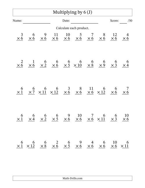 The Multiplying (1 to 12) by 6 (50 Questions) (J) Math Worksheet