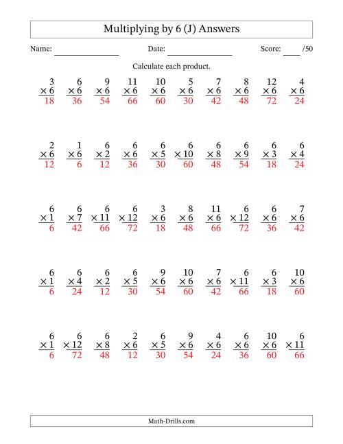 The Multiplying (1 to 12) by 6 (50 Questions) (J) Math Worksheet Page 2