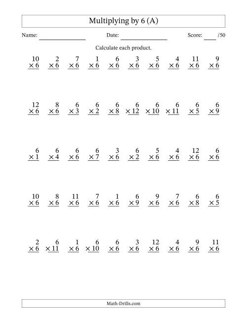 The Multiplying (1 to 12) by 6 (50 Questions) (All) Math Worksheet
