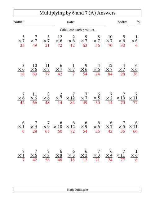 The Multiplying (1 to 12) by 6 and 7 (50 Questions) (A) Math Worksheet Page 2